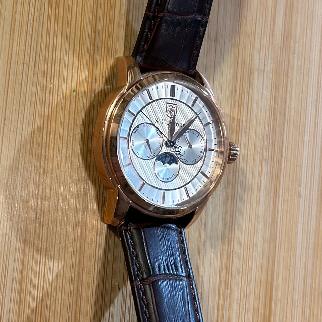 S Coifman Watch With 43mm Silver Moonphase Chronograph Face & Brown Leather Band